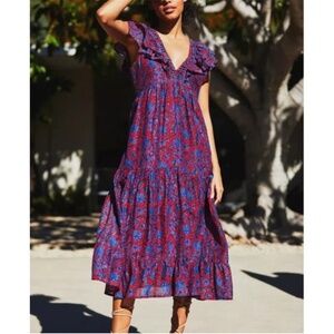Roller Rabbit Lorien Ondine Red & Blue Floral Silk Blend Midi Dress